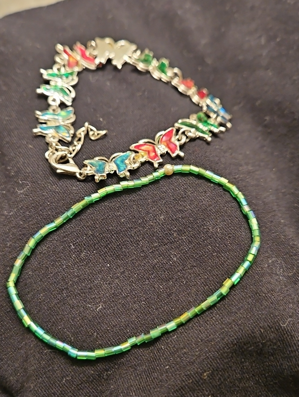 2Pc Y2K Enamel Butterfly Link & Iridescent Green Seed Bead Bracelet Set Stack